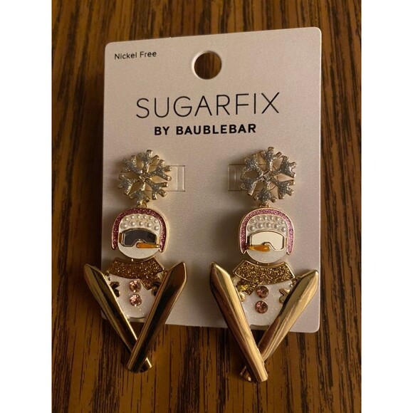 SUGARFIX by BaubleBar Skiing Snowmen Drop Earrings NWT Christmas Festive Holiday - Picture 1 of 4